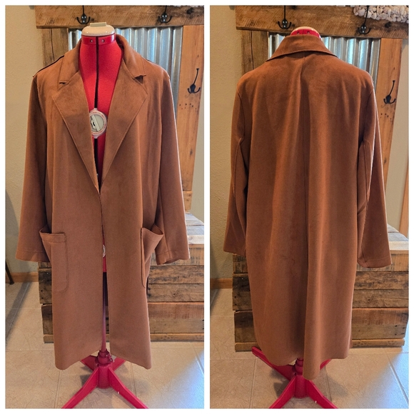 New Faux Leather Long Coat L Sienna Brown Open Front Washable Suede - Picture 1 of 4
